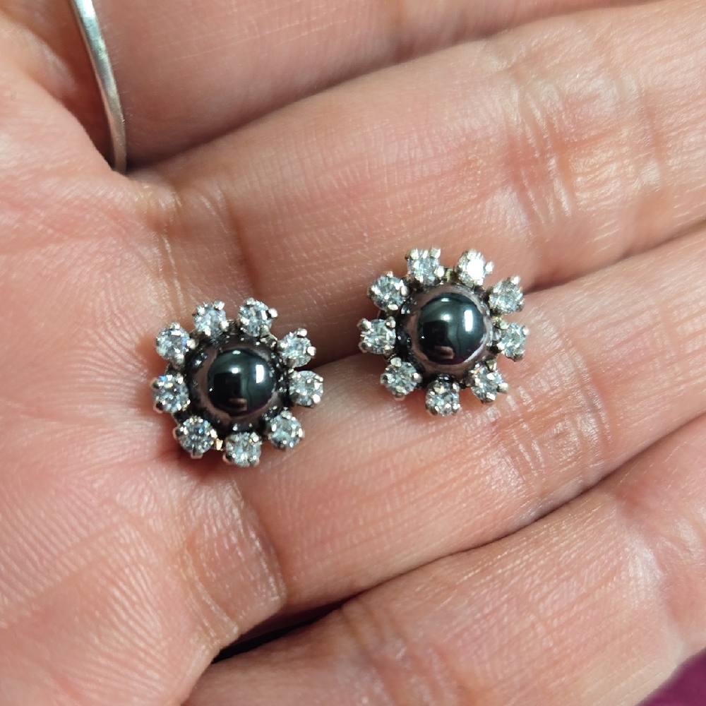 Elegant Halo Earrings with Black Pearl and Crystals